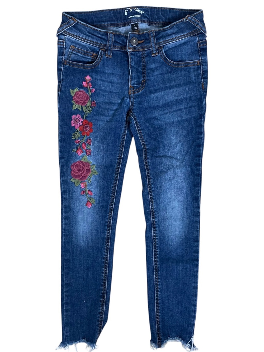 Girls Super Skinny Jeans Floral Embroidered Blue Denim Size 7